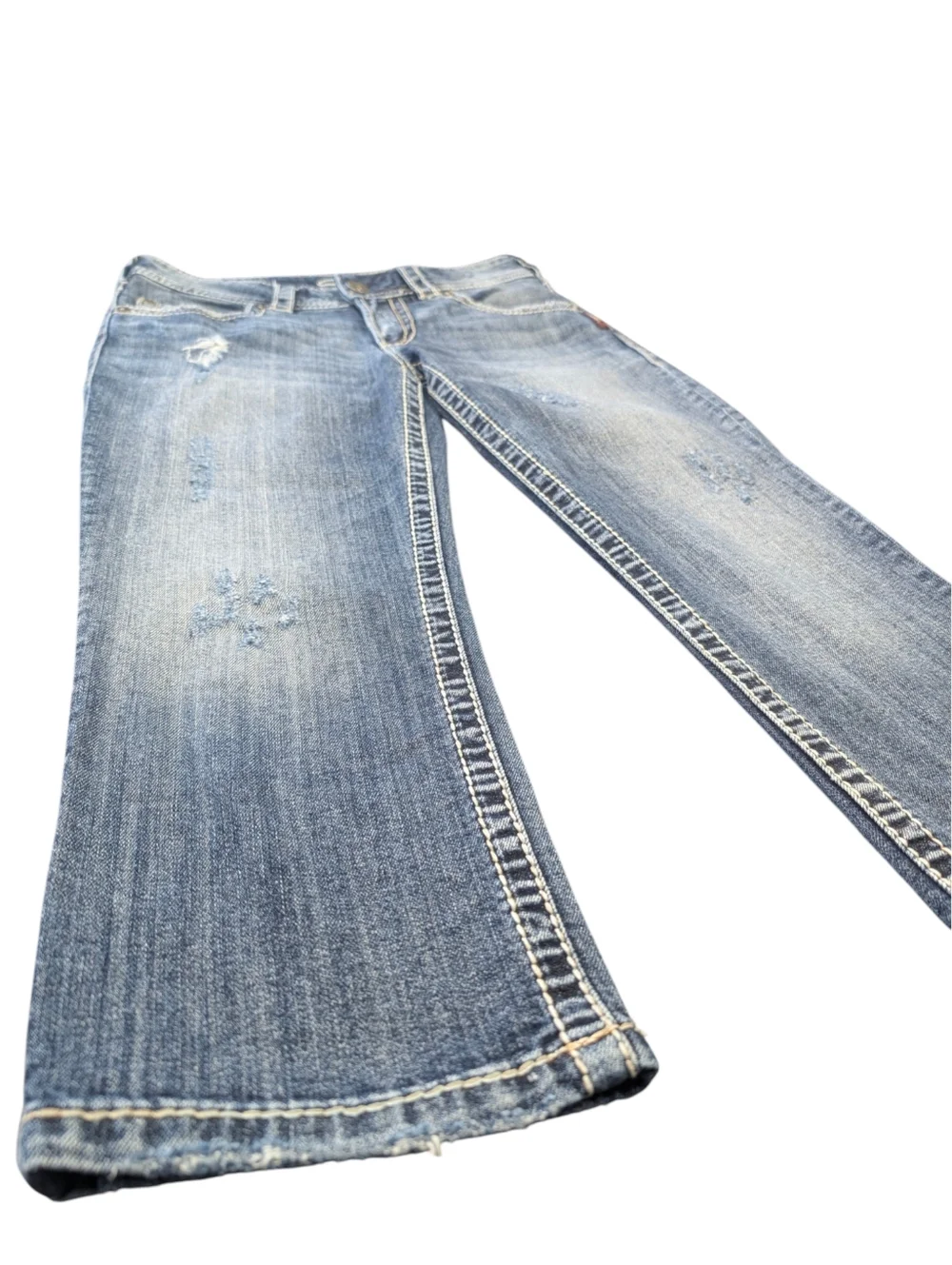 Vintage Y2K Silver Jeans Suki Surplus Capri Distressed Cotton Jeans. Size 28